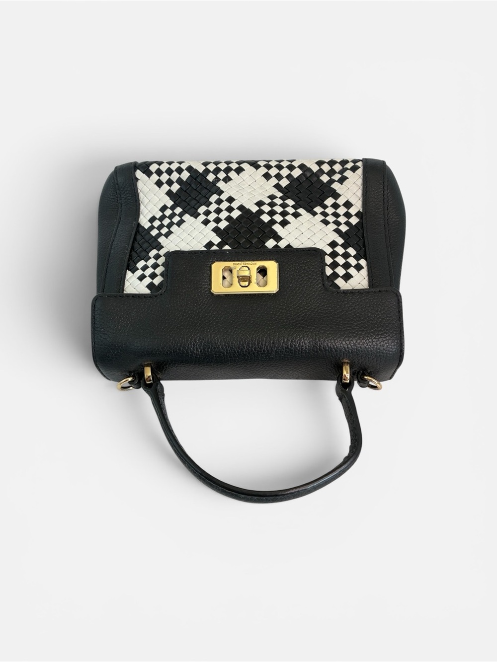 Michael Kors Woven Leather Satchel Crossbody Bag Black White Top Handle Purse - Picture 6 of 9